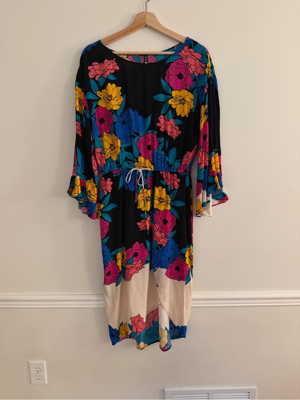 Floral Tie-Waist Midi Faux Wrap Dress in Black and Multicolor Floral